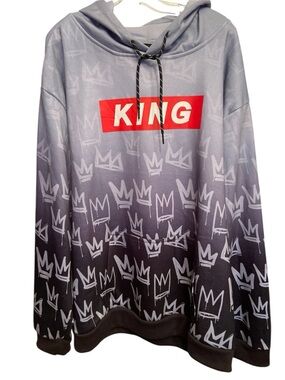 RGSTR "King" men’s Hoodie, black-to-gray  and an all-over crown graphic pattern